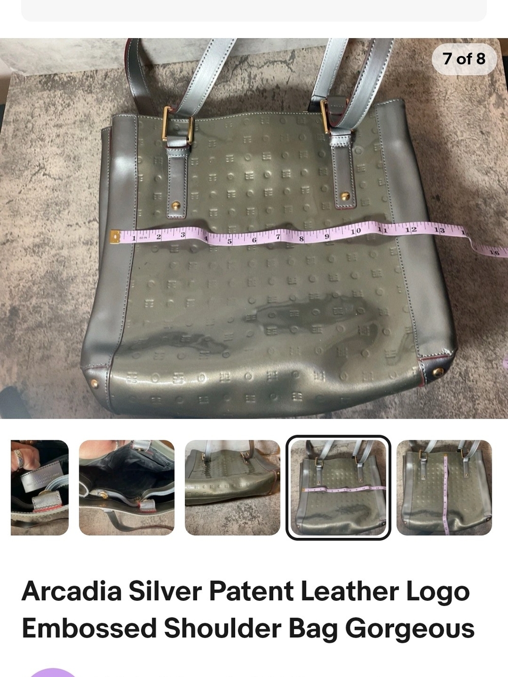 Arcadia Patent Leather Two Tone Silver Tote with Textured Logo Pattern - Picture 7 of 9